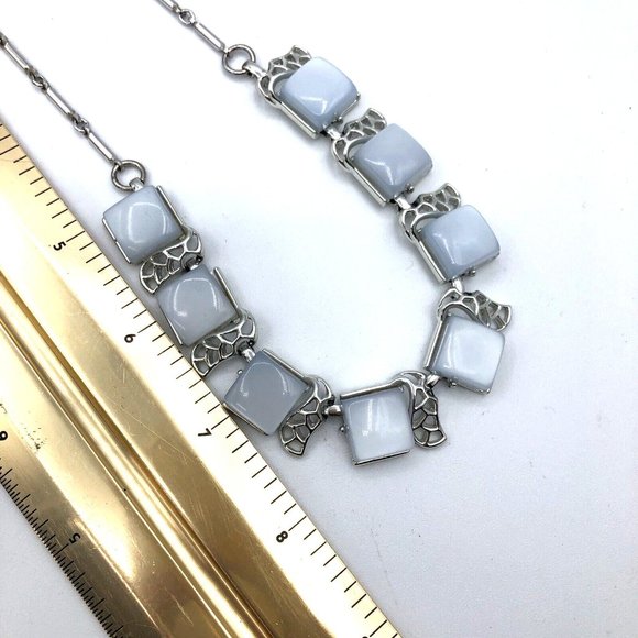 Vintage CORO Necklace Blue Square Lucite Moonglow Necklace and Clip Earrings - Picture 5 of 8